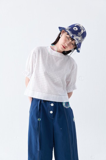 棉蕾絲澎袖短上衣