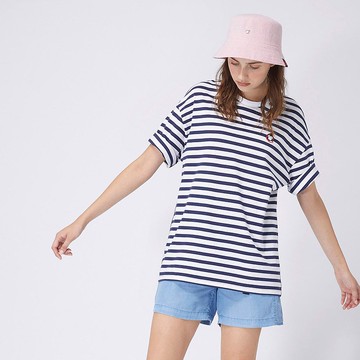 【中性款】拼接圓領上衣 / 藍白條紋