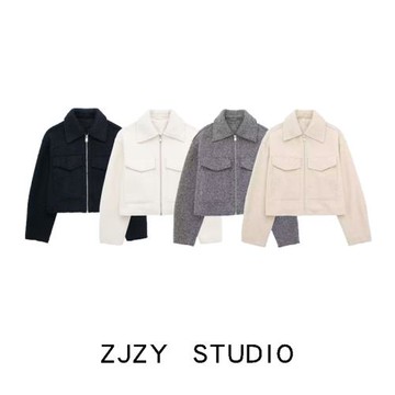 ZR 歐美風 ZA女裝 新款 法式時尚珠皮呢短款夾克外套 3046273 802