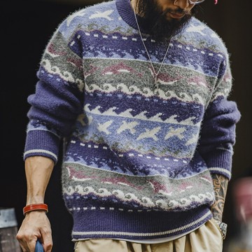 馬登工裝 美式復古費爾島毛衣圓領套頭加厚寬鬆保暖外穿針織衫男冬