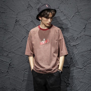 FINDSENSE H1 2018 夏季 個性  清新  格子 文藝  T恤 潮流 寬鬆 短袖  時尚 男 體恤  上衣