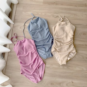 ISA_甜滋滋! 鬆餅格削肩繞脖側抓皺連身泳裝_57067