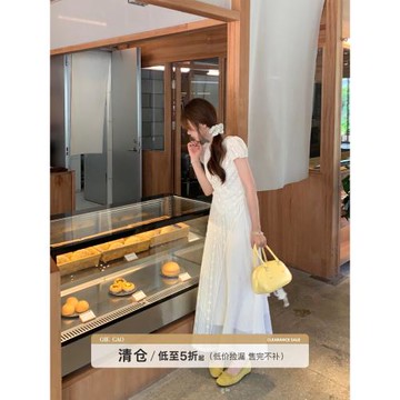 (免運)【福利】切糕自制小個子女氣質連衣裙杏色裙子溫柔白色法式長裙