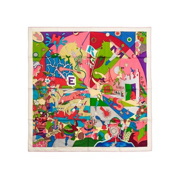 Hermes Baptiste Virot 彩色嘉年華插畫圖騰絲巾/方巾-90cm(芭比粉/綠/多色)