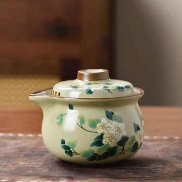 【臺灣出貨 免運】便攜式汝窯復古山茶花元寶手抓壺一壺二杯小套裝單壺功夫茶具