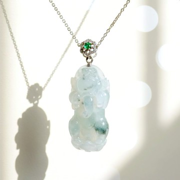 【招財神獸】冰種飄花翡翠貔貅項鍊 925純銀 | 天然緬甸玉翡翠A貨