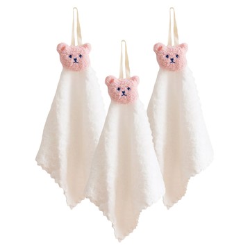 沐慕家居 毛絨純棉吸水掛式擦手巾 嫩粉色熊頭(白底)  3條