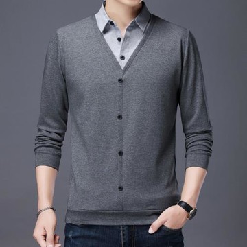 秋季純棉t恤男長袖假兩件 加大碼男裝上衣中老年爸爸裝寬松打底衫