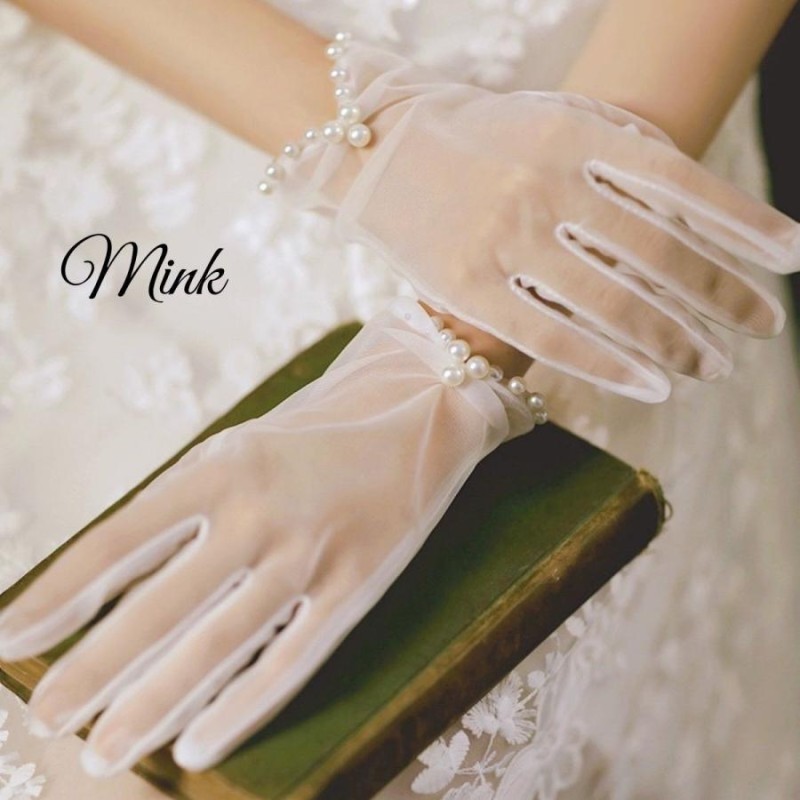 ウェディンググローブ　ショート　パール　ホワイト　オーガンジー　結婚式　手袋　白