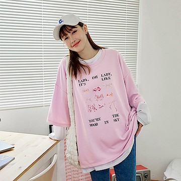 寬版芭蕾風蝴蝶結印花落肩短T-OB大尺碼