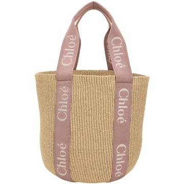 CHLOE 蔻依 Woody 大型 字母刺繡織帶編織肩背草編包(深粉)