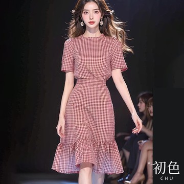 初色 法式圓領格紋百搭收腰顯瘦短袖連身裙洋裝-紅色-34931(M-XL可選)