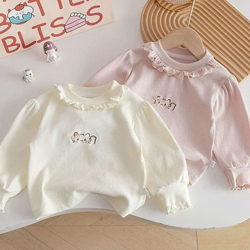 Healthy baby 女童秋季T恤新款春秋兒童洋氣百搭刺繡長袖寶寶時髦打底上衣 女童打底上衣 女童長袖上衣