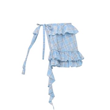 美式復古設計感藍色格子疊穿屁簾女夏季不規則下擺花邊一片式短裙