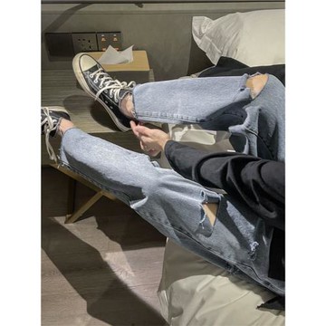 膝蓋破洞牛仔褲男春秋薄款美式vibe風褲子高街ins毛邊小腳九分褲