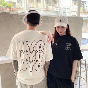 【SEMPLICITA】韓國 鏤空 NYC Q版 短T 短袖 韓系 韓T 字母T 塗鴉T 落肩 寬鬆 五分袖 短袖 短踢