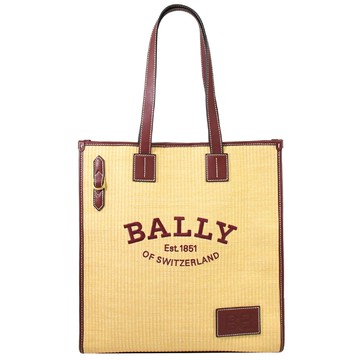 BALLY 6300213 CRYSTALIA 草編拼接肩背托特包.酒紅邊
