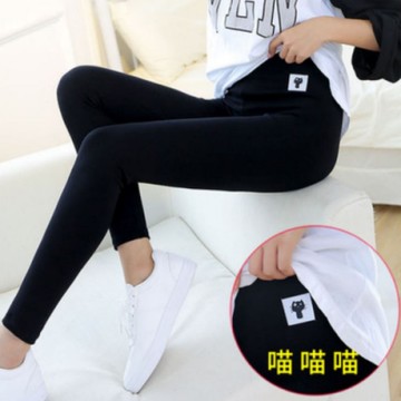 La Belleza素面高腰鬆緊腰喵喵貼布彈性棉質內搭褲