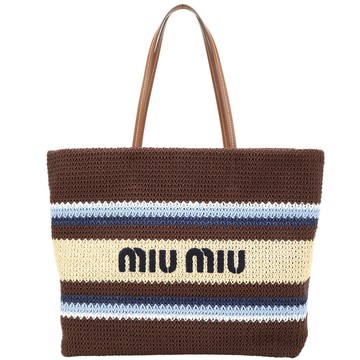miu miu 仿拉菲草鉤針編織 撞色肩背托特包(可可棕)