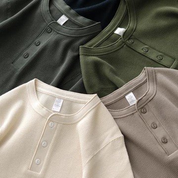 美式復古華夫格亨利衫阿美咔嘰純棉打底休閑硬漢修身長袖T恤男士