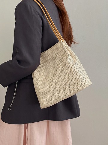 日韓森系百搭休閑單肩草編包撞色大容量春夏簡約托特包女【淘夢屋】