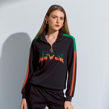 CLL巧玲瓏 半開襟撞色拼接立領長袖上衣 3079306