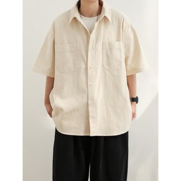 TAN7夏季復古燈芯絨短袖襯衫男女寬松廓形日系休閑五分袖襯衣外套