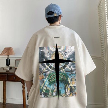復古t恤男美式高街印花上衣夏季潮牌寬松男生短袖國潮半袖體恤薄