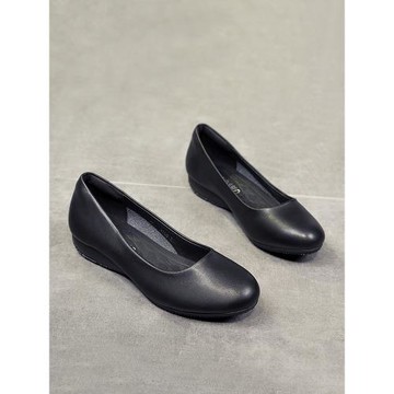 軟底圓頭黑色工作鞋女淺口單鞋平底舒適皮鞋女式上班久站不累腳鞋