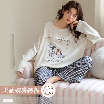 成套睡衣【純棉】時髦萌犬 印花圓領寬版長袖長褲 居家服 66800