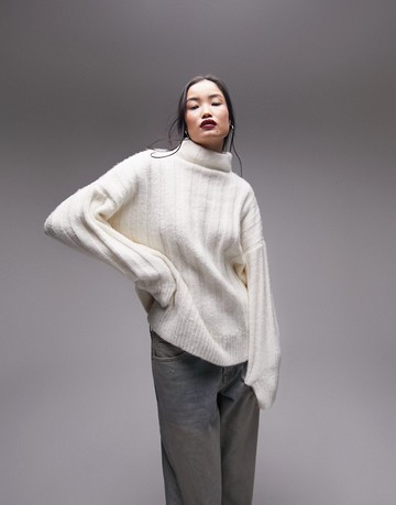 Topshop knitted chunky rib oversized funnel jumper in ivory-White