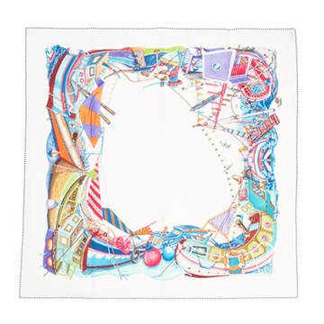 Hermes 愛馬仕 Bord a Bord 80手工捲邊全棉方巾(白色/藍色)