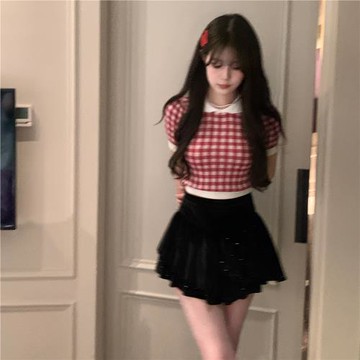 心動訊號/ 華夫甜心 針織短袖 粉紅格娃娃領春甜美泡泡袖春夏季