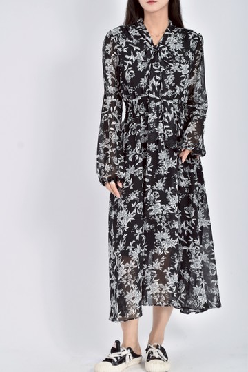 (M) silent worth雪紡長袖黑色洋裝