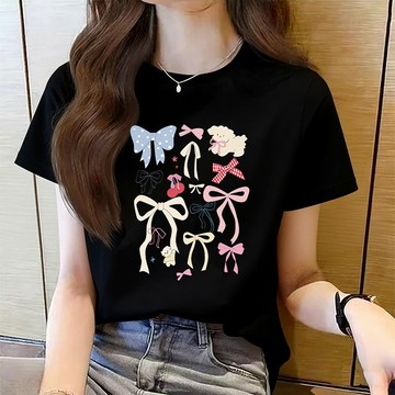 【現貨！台灣速發】大尺碼短袖上衣女 蝴蝶結印花t恤 韓系上衣 夏季流行衣服 大碼女裝 寬鬆顯瘦韓系短袖T恤 簡約百搭上衣