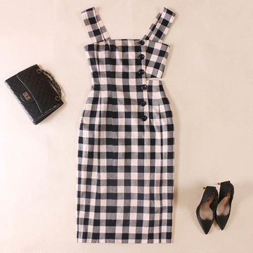 法式復古氣質格子少女背帶鉛筆長裙秋冬收腰顯瘦打底裙吊帶連衣裙