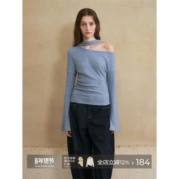 someone sometimes設計感慵懶飄帶斜肩露肩手工褶皺秋冬針織T恤