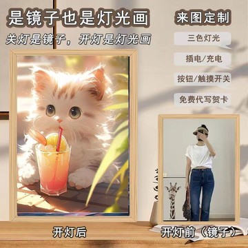 貓咪治愈系鏡子燈光畫 動漫小夜燈 LED燈光畫 DIY鏡子 臥室溫馨氛圍發光裝飾畫 生日禮物 木質周邊相框