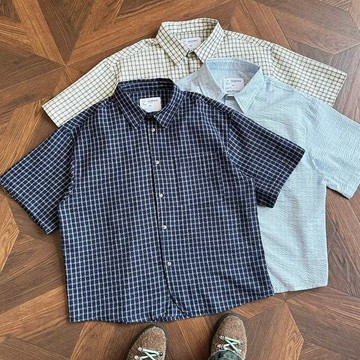 夏季泡泡紗短寬版型襯衫復古短袖格子襯衫男女情侶上衣cleanfit潮
