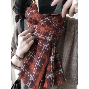 100%純羊毛圍巾女冬季復古撞色格子洋氣千鳥格毛線百搭保暖厚圍脖