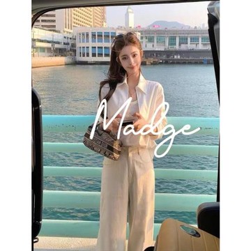 S.androMadge老錢深V白襯衫高級感長袖慵懶風棉麻極簡高智襯衣ins