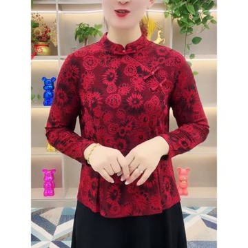 2025中老年新款中國風春秋旗袍領上衣中年媽媽復古唐裝修身打底衫