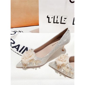 羊皮絕美法式配裙高跟鞋女細跟2025新款花朵名媛禮服新娘婚紗婚鞋