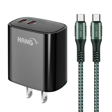 HANG C66 PD+QC快充 雙Type C 充電頭-黑色+勇固 Type-C to Type-C耐彎折快充線1.2米