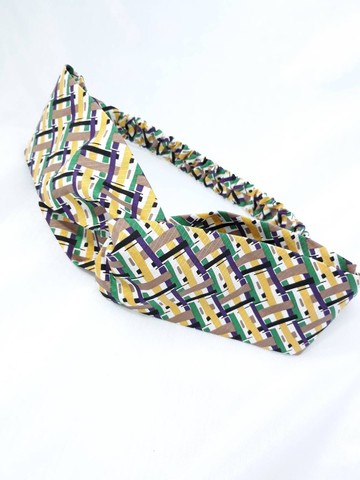 黃綠交錯格紋手工髮帶