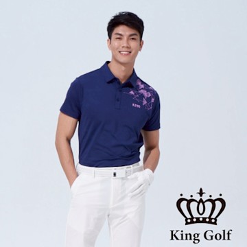 【KING GOLF】網路獨賣款-男款數位三角幾何開襟POLO衫/高爾夫球衫-深藍