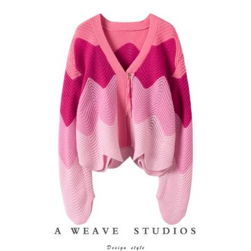 美到沾沾自喜~新款粉色羊絨毛衣開衫女時尚羊絨針織衫外套女寬松