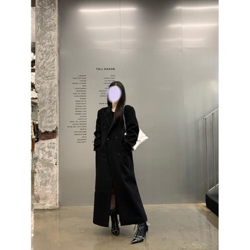 25韓版正肩黑色雙面呢綿羊毛大衣長款毛呢外套女秋冬灰色廓型西裝