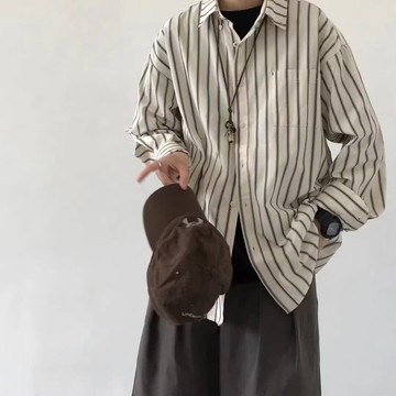 【老林】春秋條紋襯衫男 新款高級感潮牌長袖襯衣 日係複古休閒外套