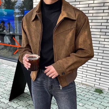 2024外套男高級范棕咖色潮牌翻領夾克網紅高級感春秋百搭男款上衣